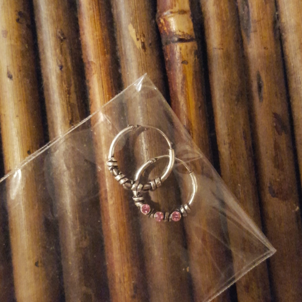 Baby pink stone silver hoops